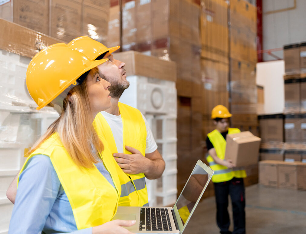 Female warehouse manager consult delivery plans using database in laptop